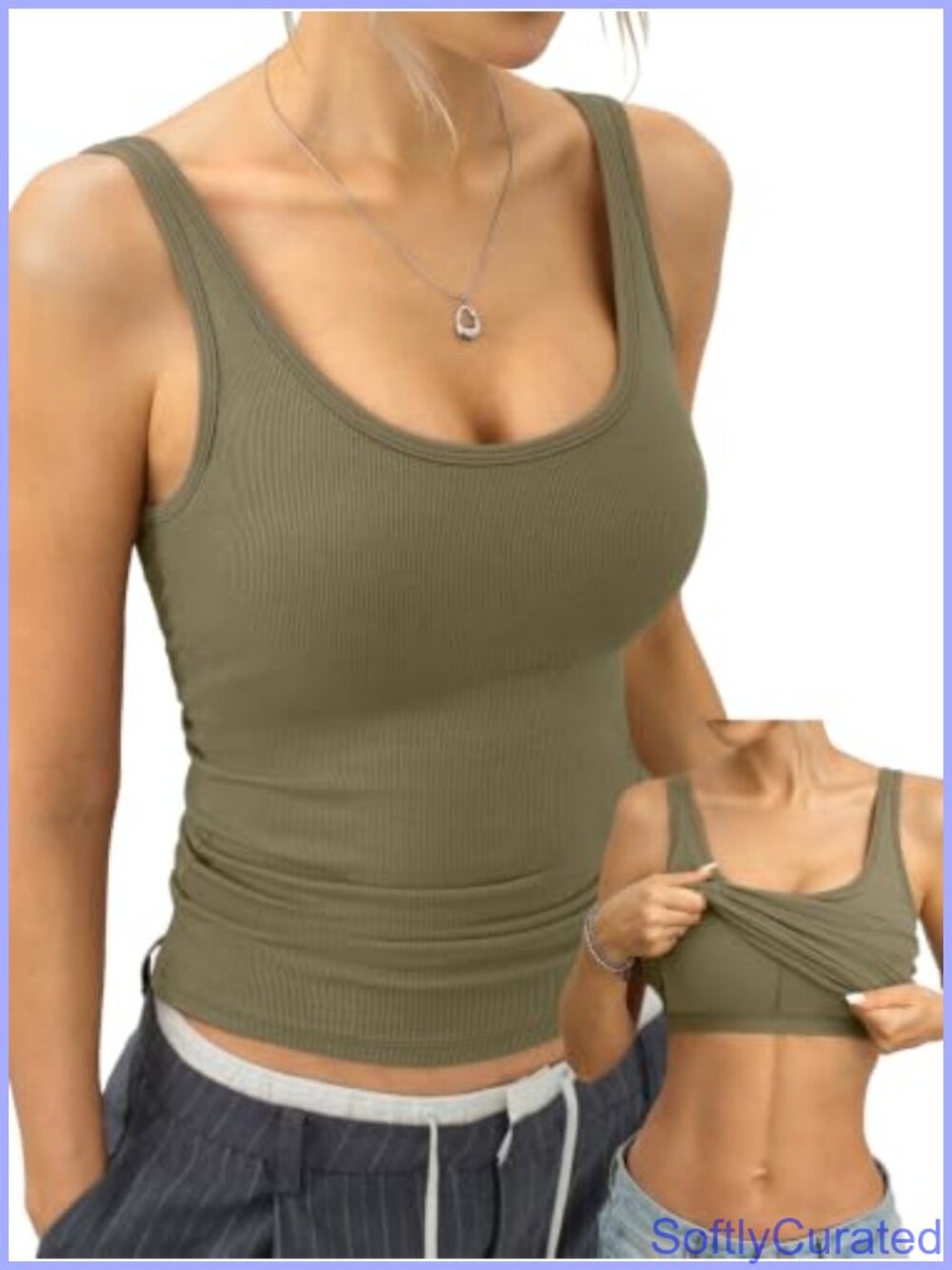 Ribbed Padded Tank Top with Built in Bra Scoop Neck Camisole